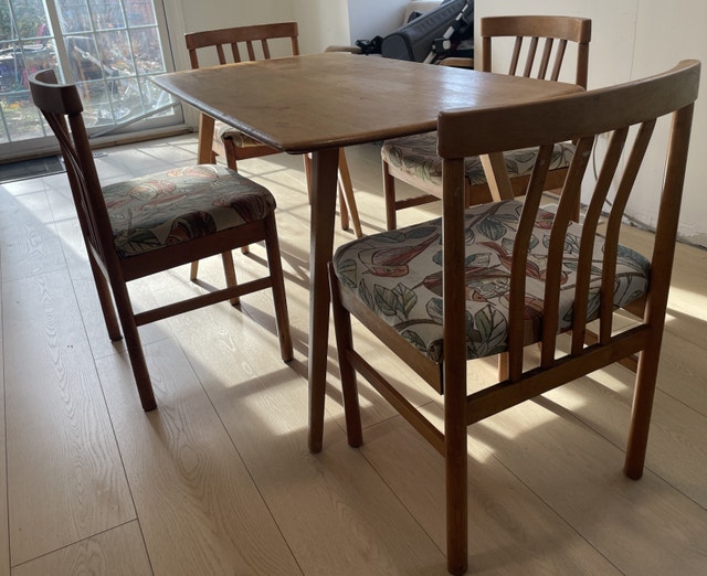 Mid Century Solid Oak Table $300,4 Chairs $150. Both $400
