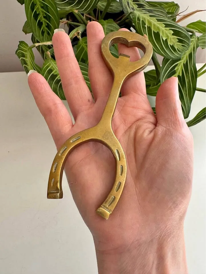 Horseshoe Bottle Opener, Vintage Solid Brass Barware thumbnail