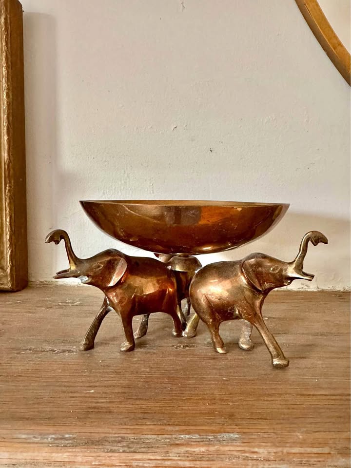 Vintage Brass Bowl with Three Elephant Stand