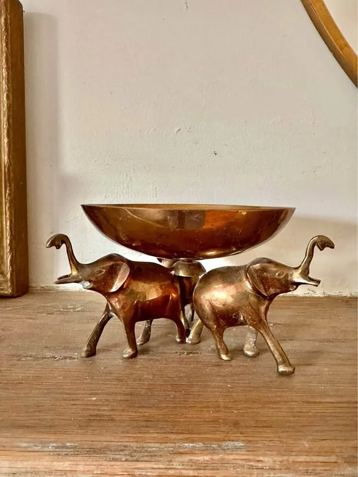 Vintage Brass Bowl with Three Elephant Stand