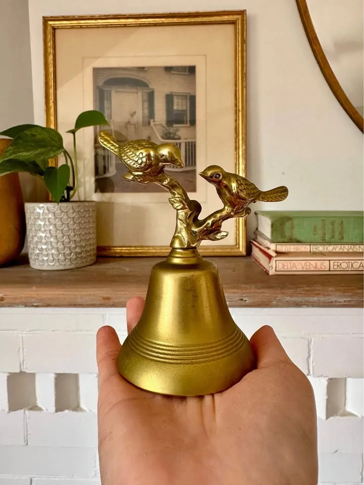 Vintage Solid Brass Bell with 2 Birds 4.75 inches thumbnail