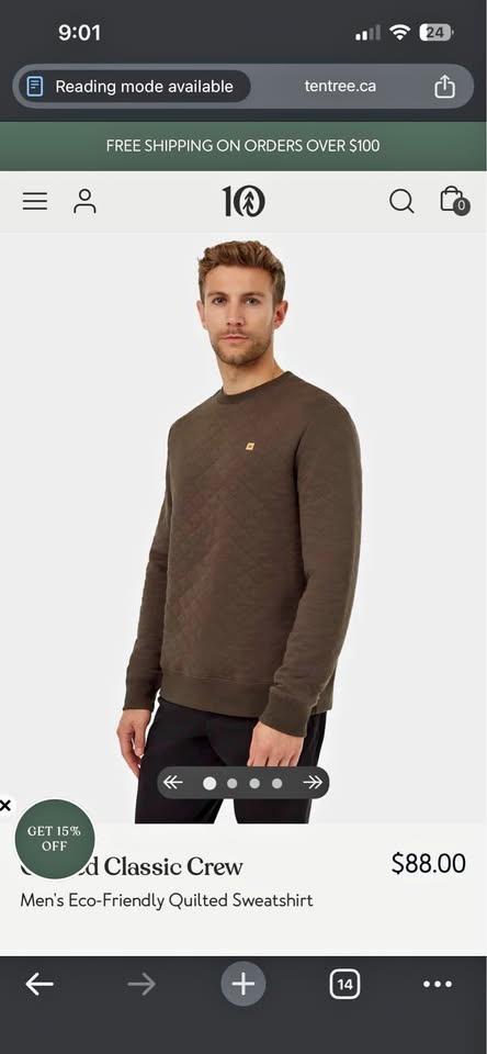 Ten tree large quilted crew neck sweater