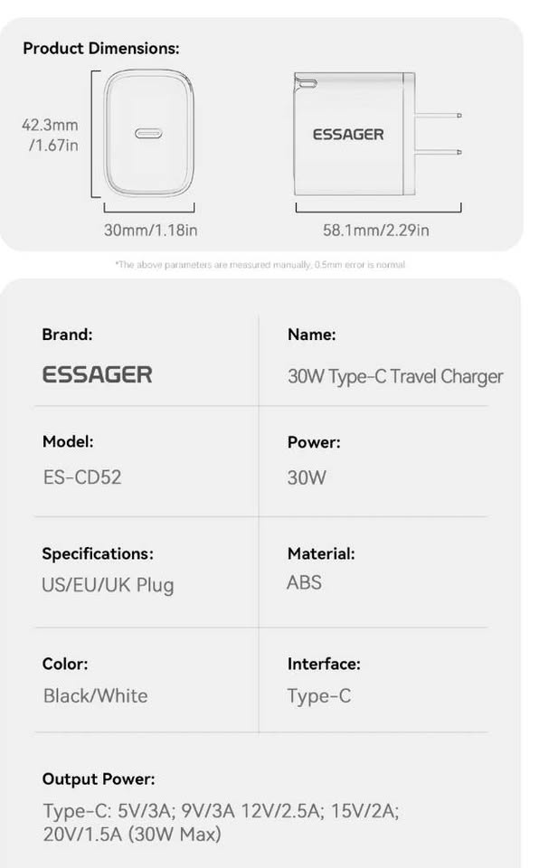 Essager Mini 30W Type C Charger PD QC3.0 Fast Type C Charger - photo 5