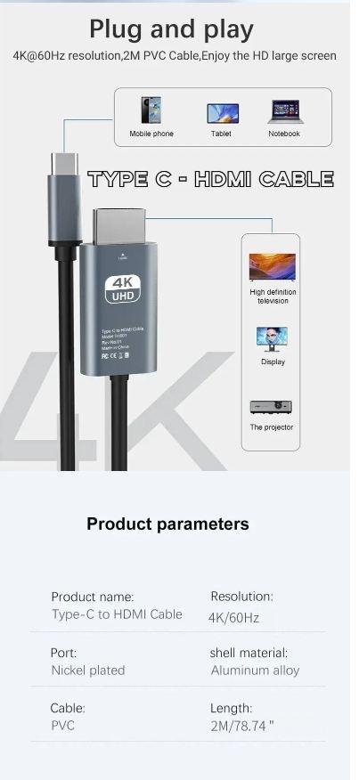 4K 60Hz HD Video Conversion Cable Type C To Hdmi - photo 2