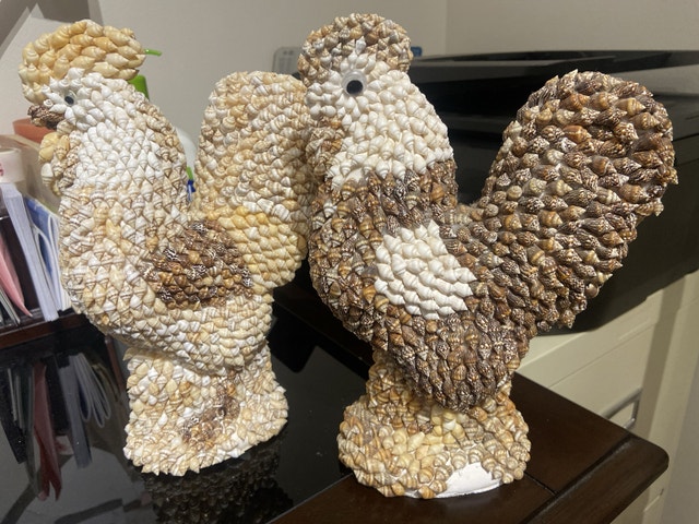 Pair of Seashell Rooster Figurines