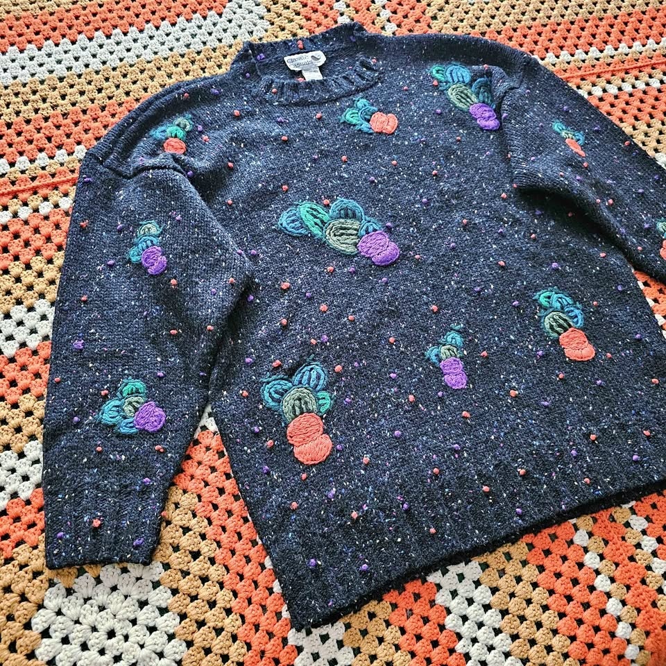 80s Wool Blend Floral Berry Embroidered Black Sweater