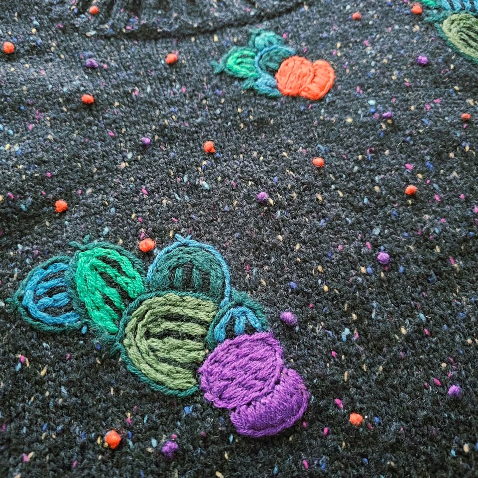 80s Wool Blend Floral Berry Embroidered Black Sweater - photo 5