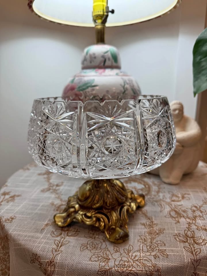 Antique Cut Crystal Bowl with Brass Base