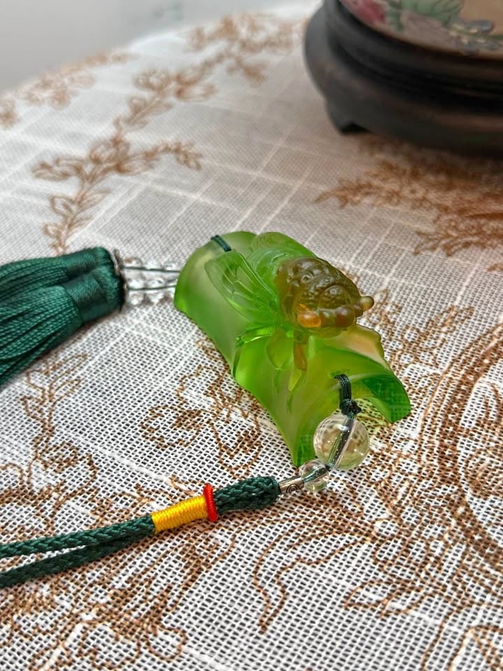 Green Carved Pendant with Cicada Motif & Tassel