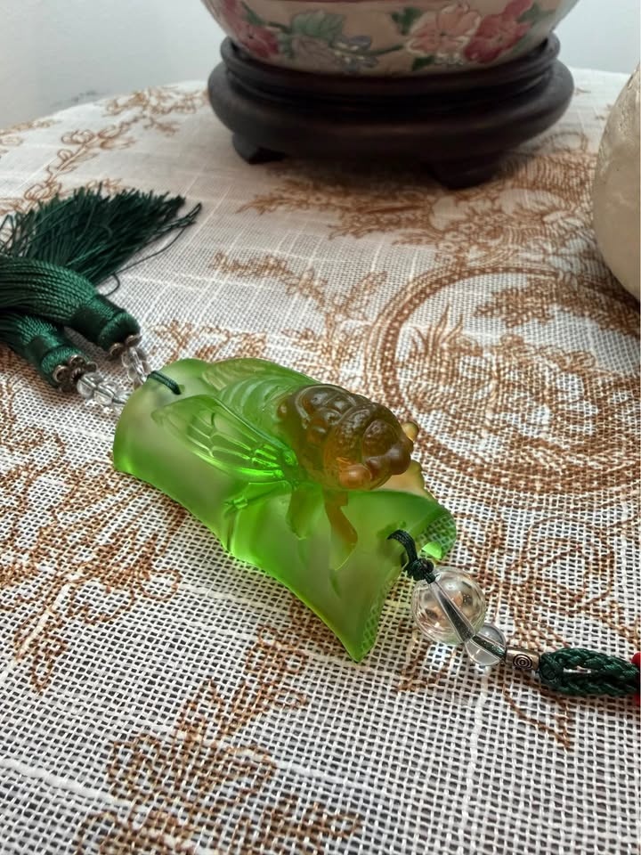 Green Carved Pendant with Cicada Motif & Tassel - photo 2