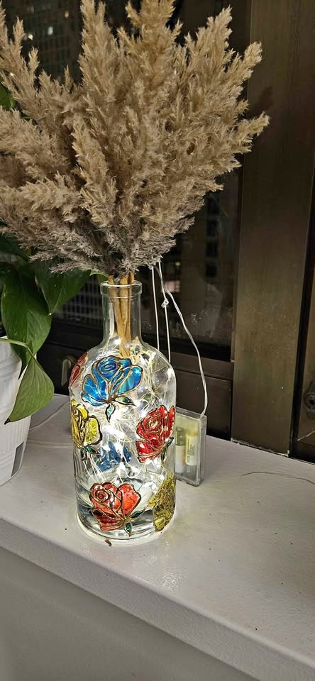 Hand-painted glass bottle lamp with rose flower patterns and fai
