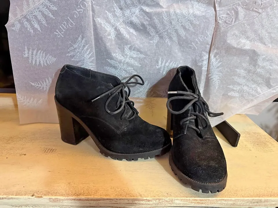 Black suede heeled booties size 7 thumbnail