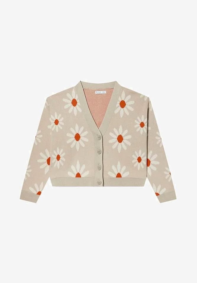 100% Cotton Floral Button Up Sweater Beige Size Small