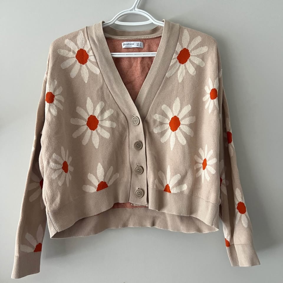 100% Cotton Floral Button Up Sweater Beige Size Small - photo 2