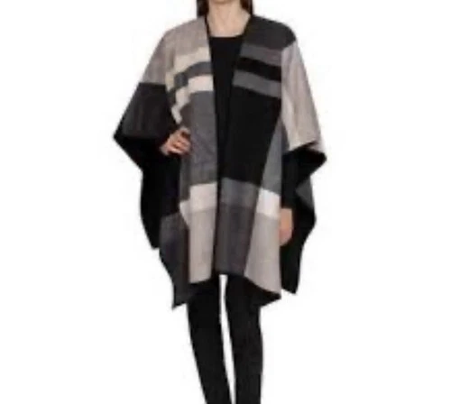 Ike Behar Black and Gray Patterned Poncho One Size