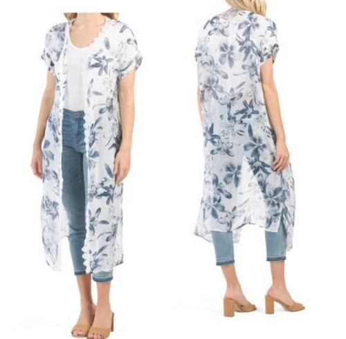 NWT New Elena Baldi Floral Print Silk Blend Kimono Duster ONE SI