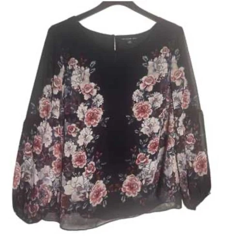 Zac & Rachel Womens Black Floral Blouse 1X