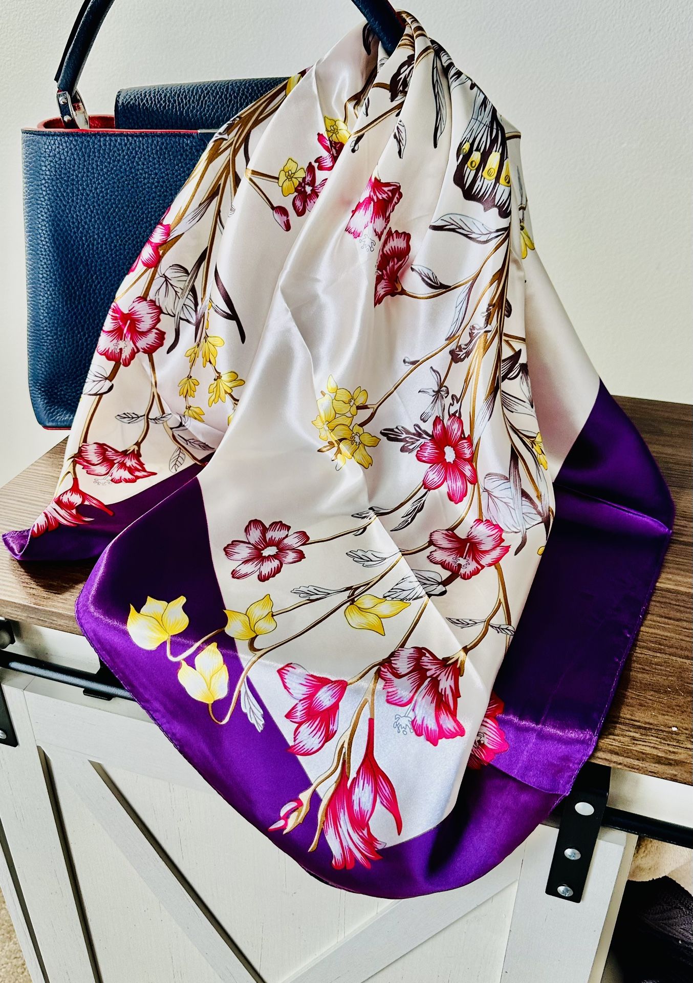 Unique Luxurious Silky Square Scarf Floral Pattern