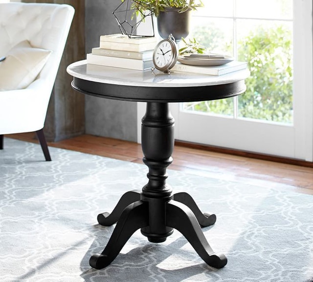 Pottery Barn Black wood & marble top 31" round table, like new