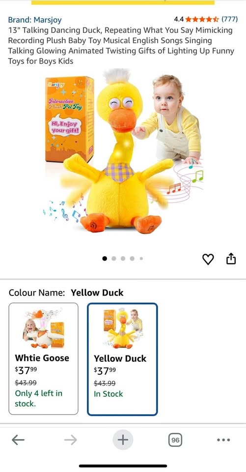 Interactive plush duck toy