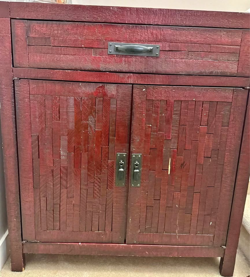 Asian themed Red 2?soor, with one drawer. 36” x 26”