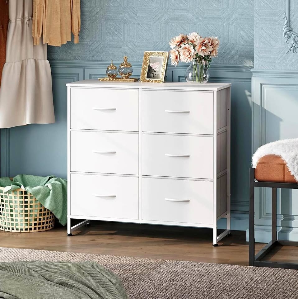 6 Drawer White Fabric Storage Dresser