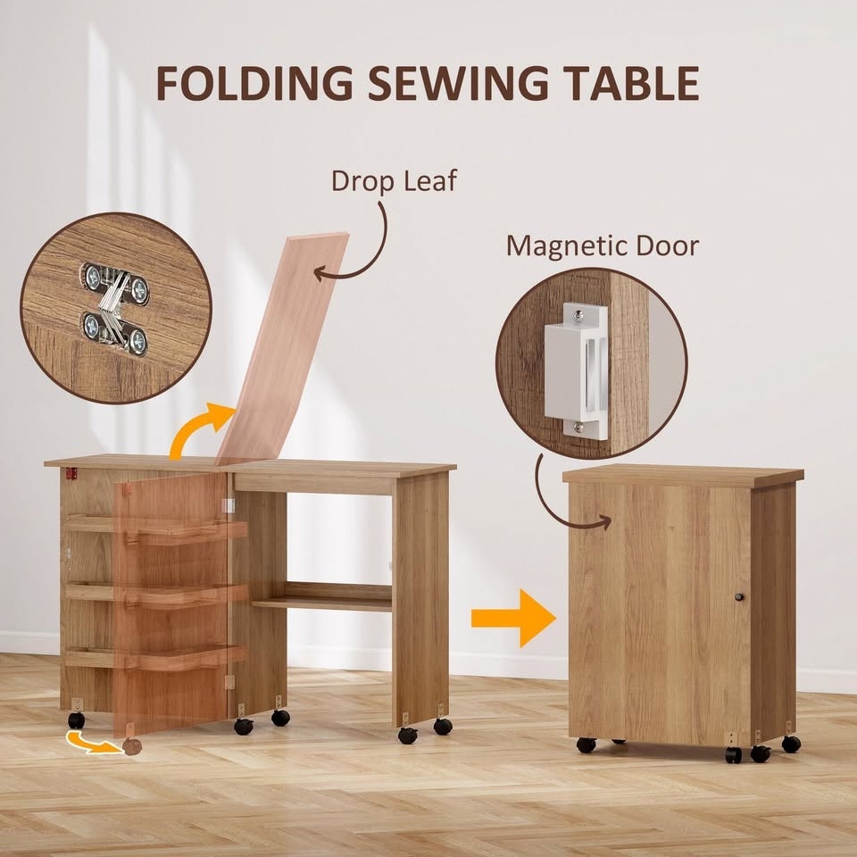 HOMCOM Folding Sewing Table, Rolling Sewing Machine Cabinet - photo 3