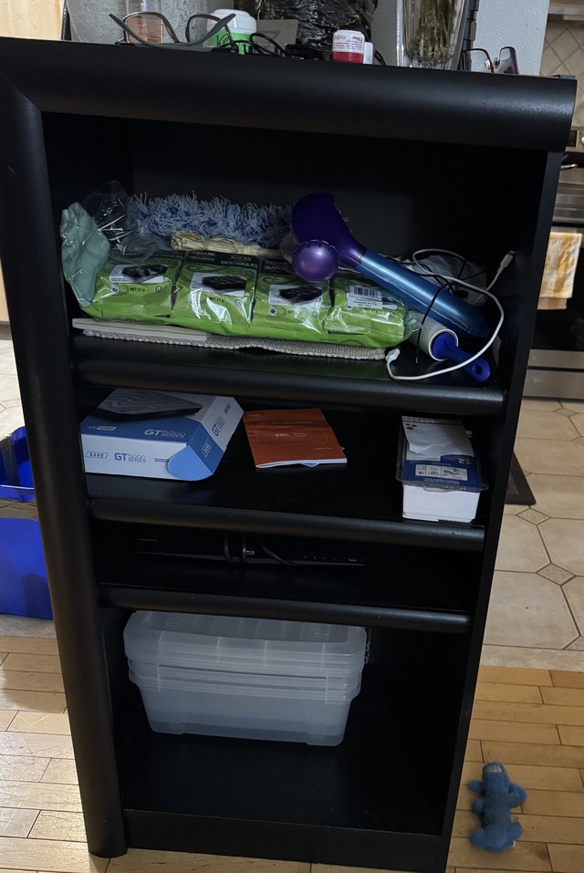 Two black identical shelving units