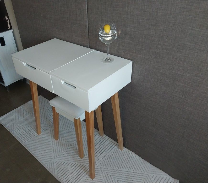 White Table Cushioned Stool Set W/Flip Top Mirror &1 Drawer - photo 2
