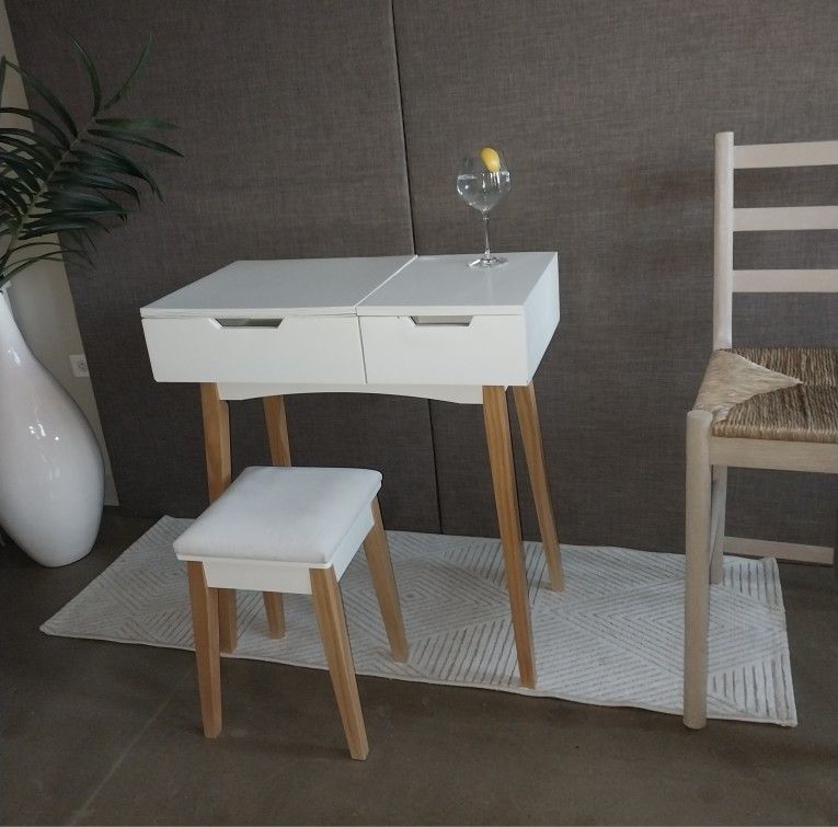 White Table Cushioned Stool Set W/Flip Top Mirror &1 Drawer - photo 3