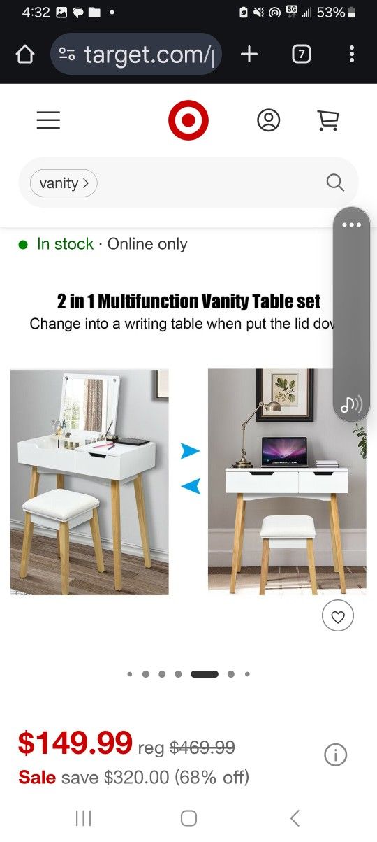 White Table Cushioned Stool Set W/Flip Top Mirror &1 Drawer - photo 4