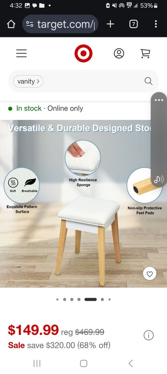 White Table Cushioned Stool Set W/Flip Top Mirror &1 Drawer - photo 5