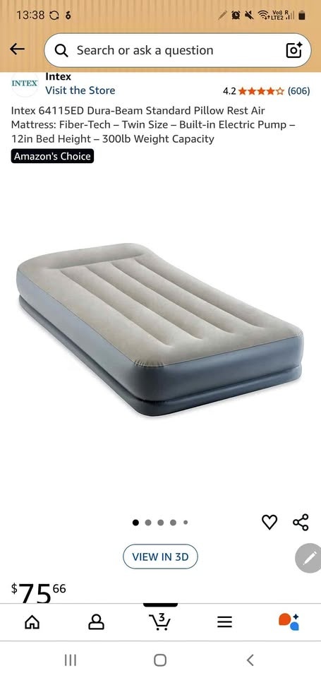 🥕Air Mattress: Fiber-Tech – Twin Size – Built-in Electric Pump