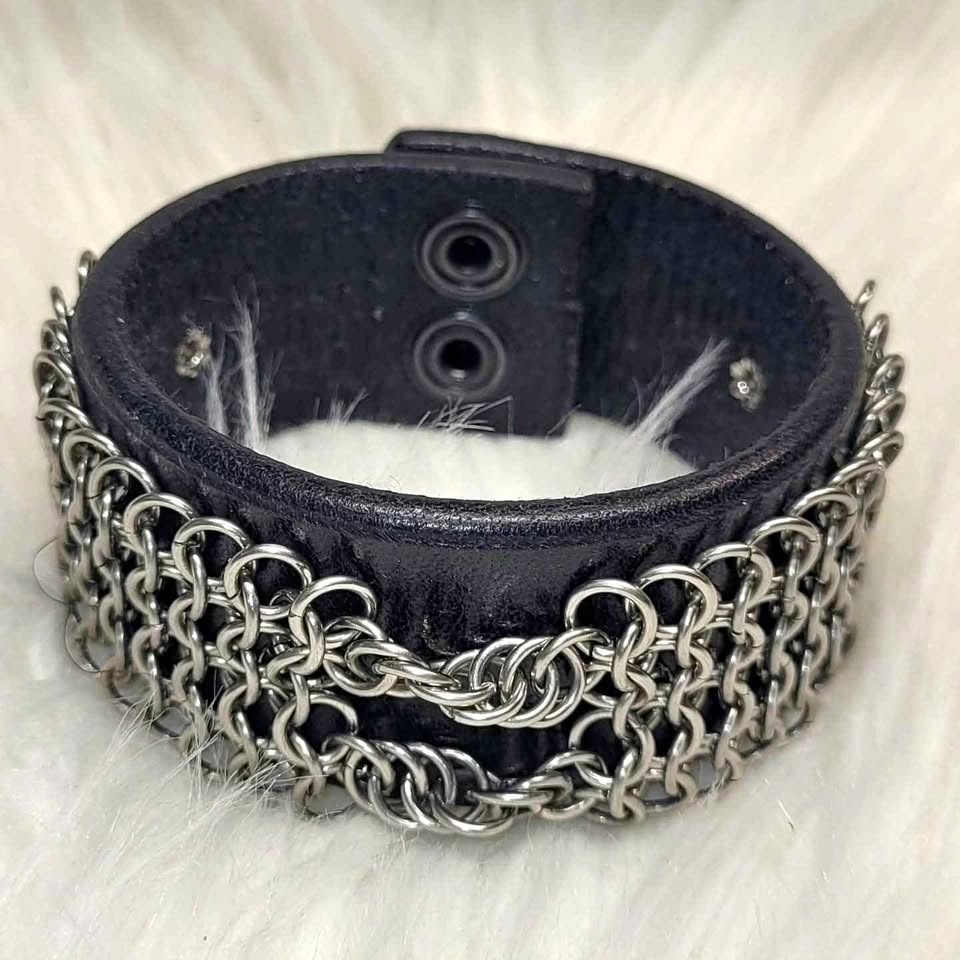 Handmade leather and chainmaille bracelet