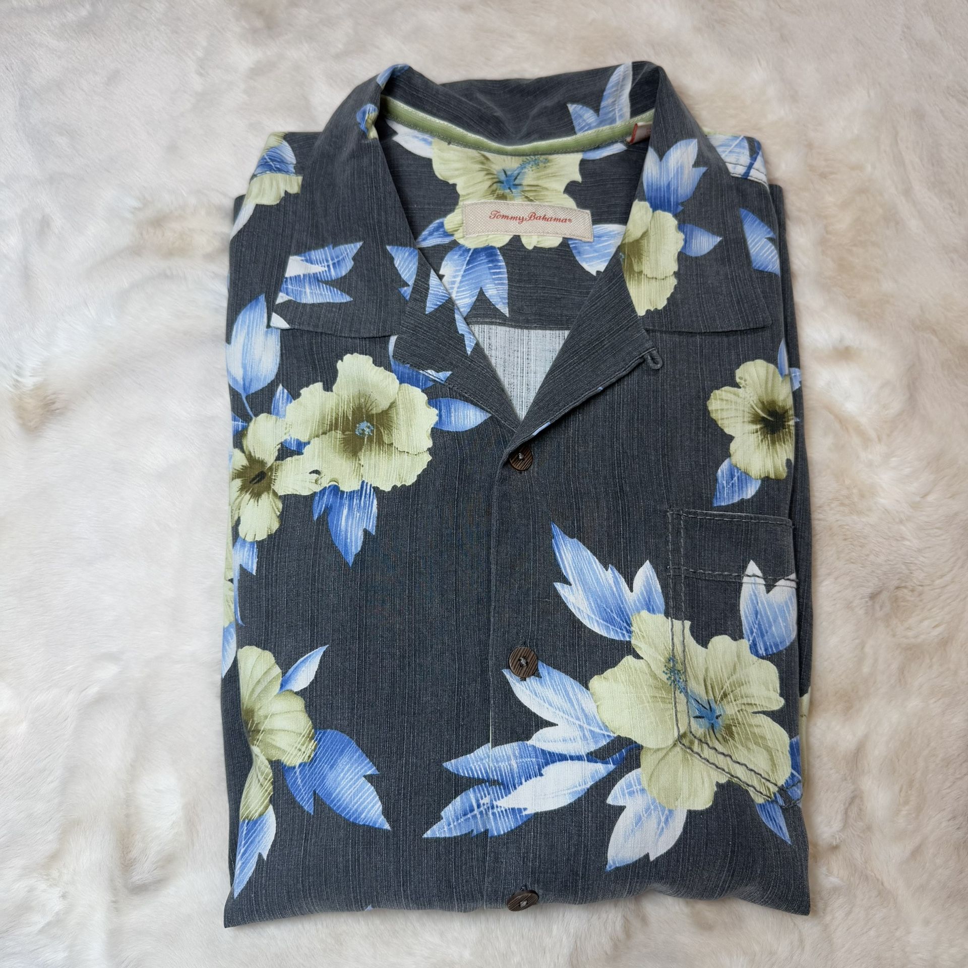 Tommy Bahama Shirt Silk Blue Floral Hawaiian Mens Sz XL