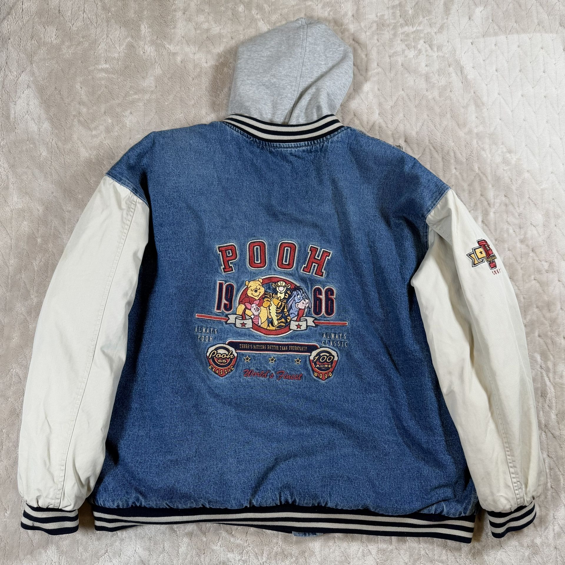 Vintage 90s Winnie The Pooh Disney Denim Varsity Bomber Jacket X