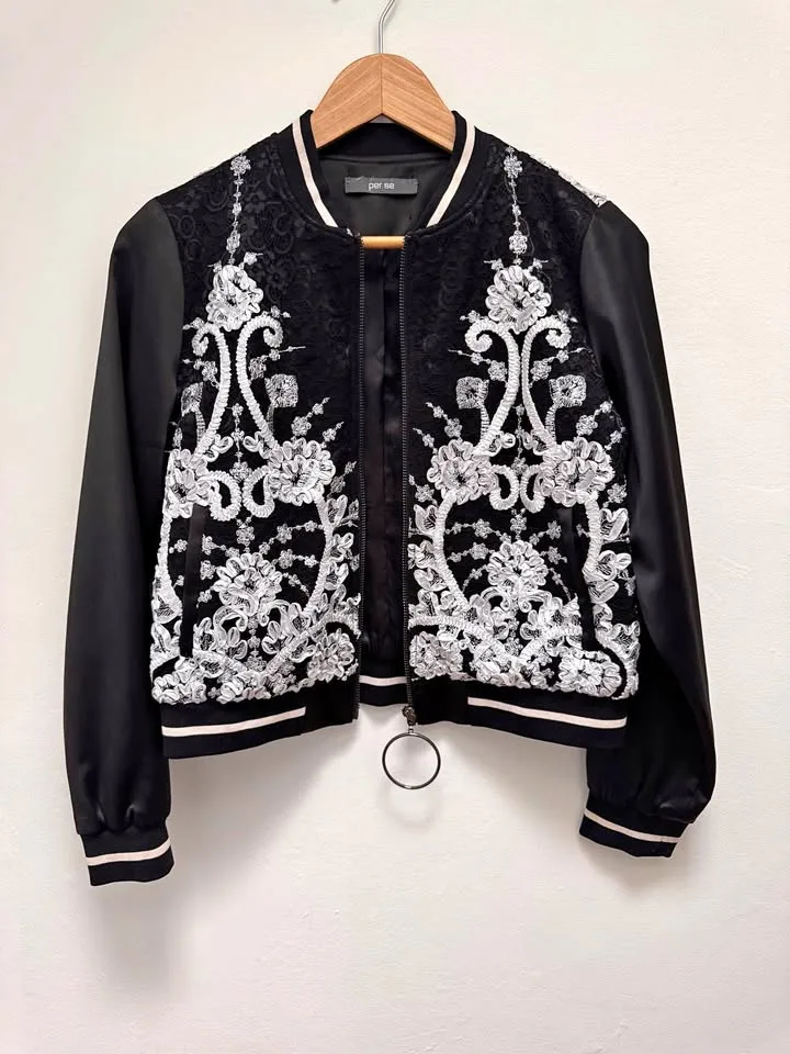 Floral appliqué adorned black Bomber Jacket thumbnail