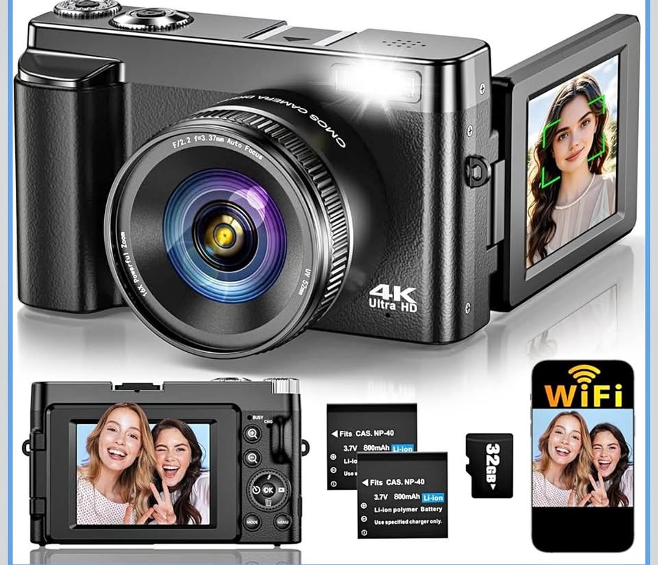 (New) 4K Digital Camera with 32GB Card, 2 Batteries(Black)