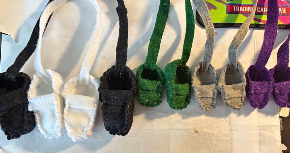 Felt moccasins to hang in your car mirror