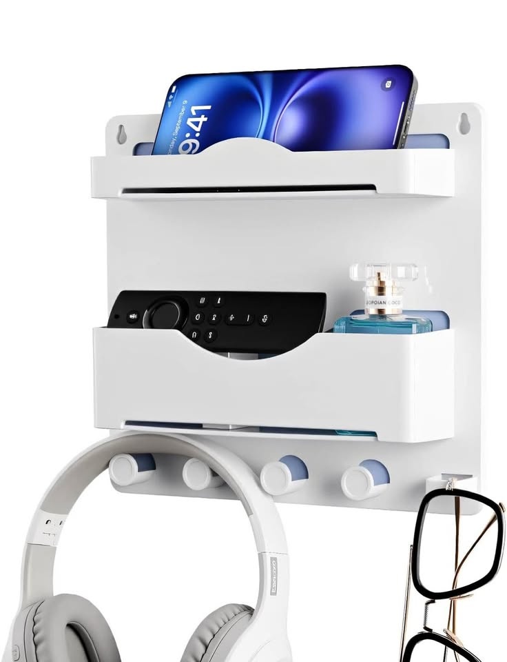 (New) Bedside Wall Shelf with Glasses Hooks(White/Black)