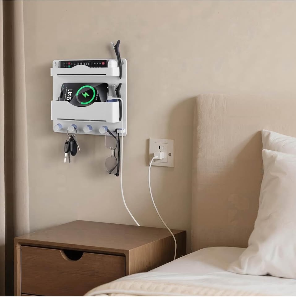 (New) Bedside Wall Shelf with Glasses Hooks(White/Black) - photo 2