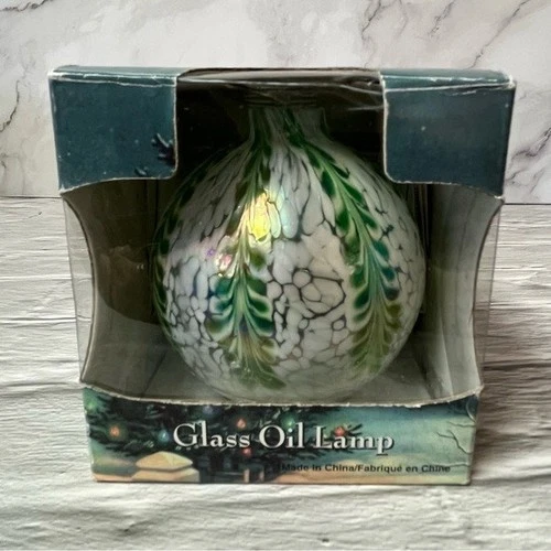 NIB Traditions Glass Oil Lamp Round Green White Opal Swirl