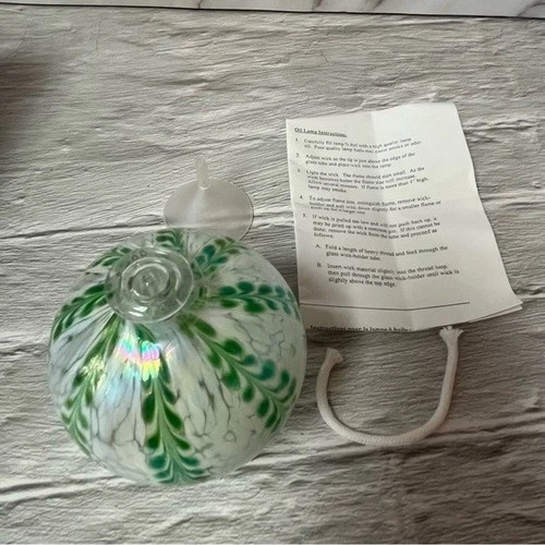 NIB Traditions Glass Oil Lamp Round Green White Opal Swirl - photo 3