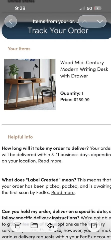 Wood Mid-Century Modern Writing Desk with Drawer - photo 4