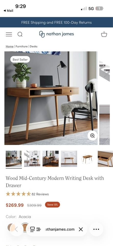 Wood Mid-Century Modern Writing Desk with Drawer - photo 5