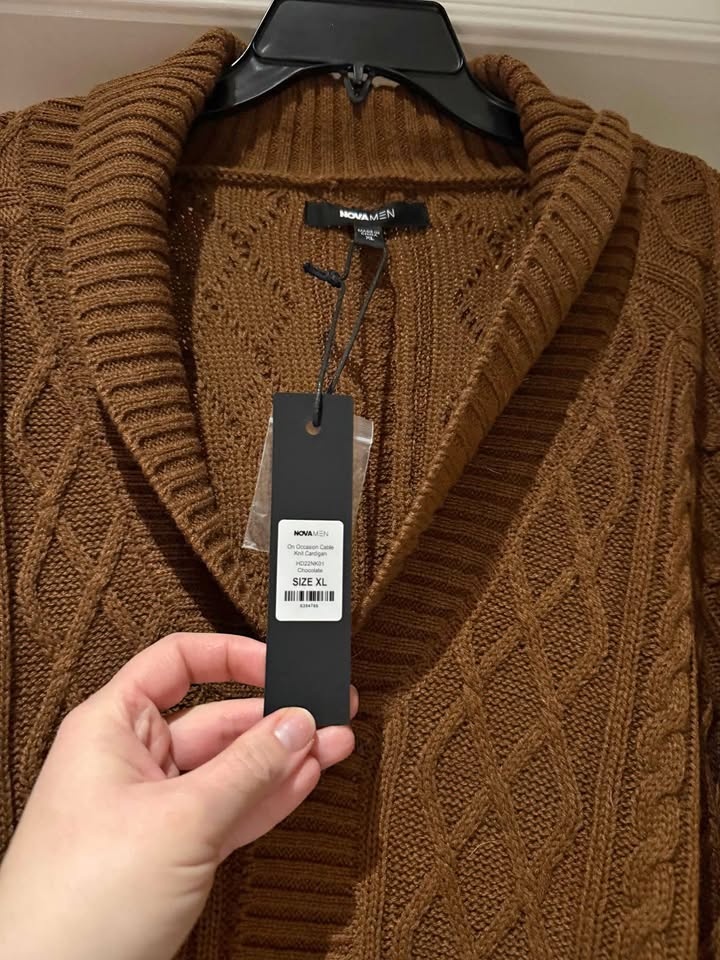 chocolate brown men’s cableNet button up sweater