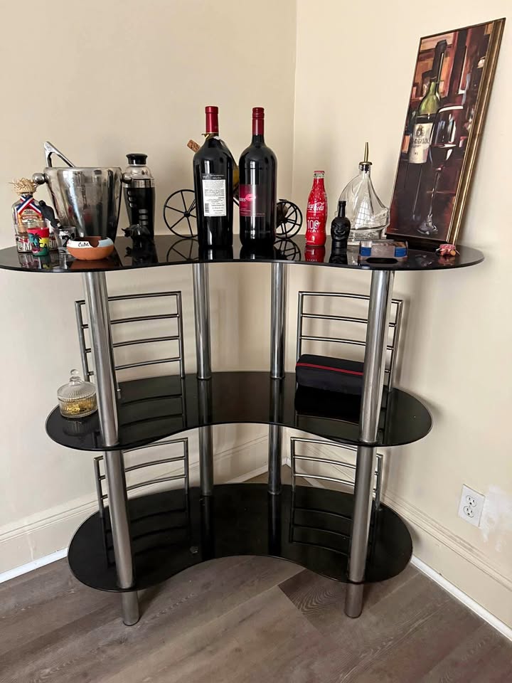 Modern Black & Chrome Bar Table with Shelves