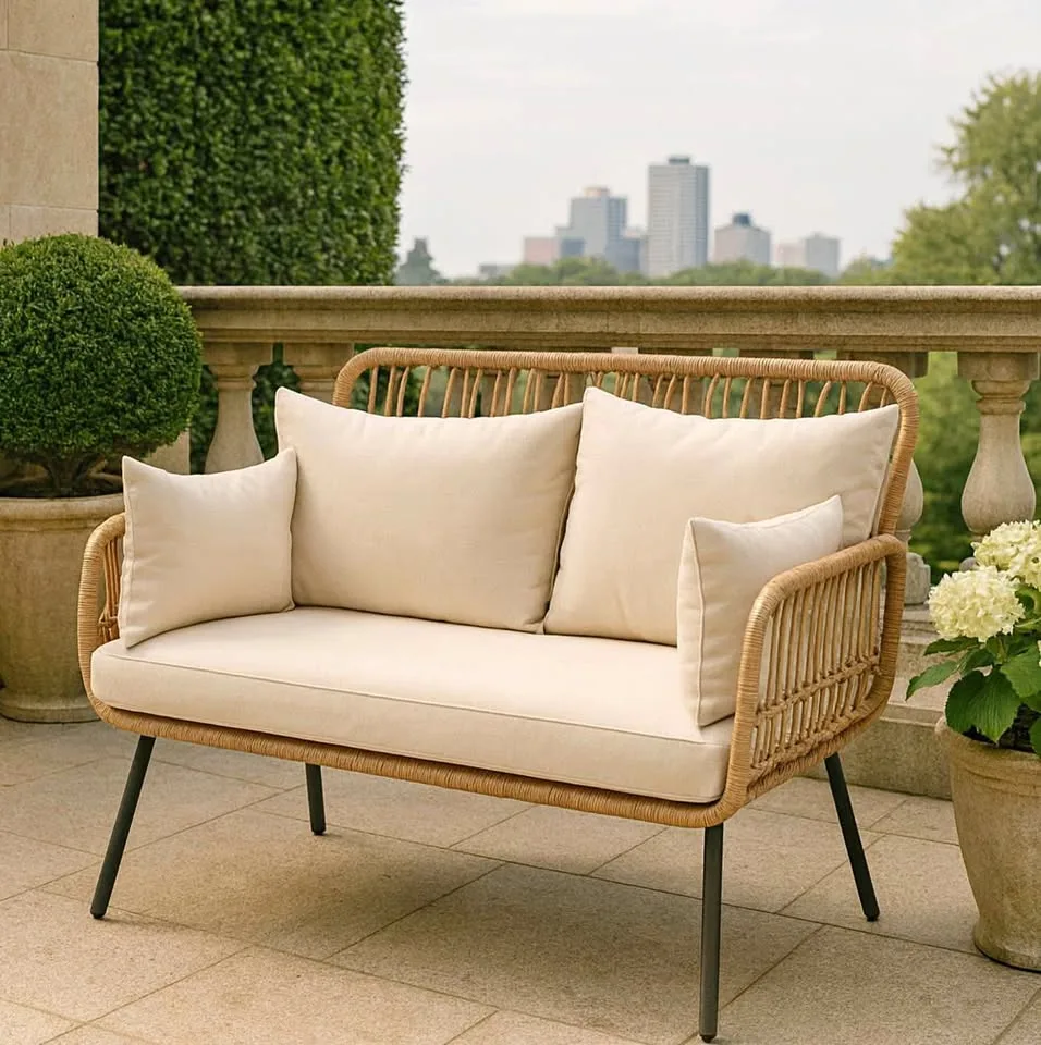 OUTDOOR METAL LOVESEAT AND CUSHIONS thumbnail