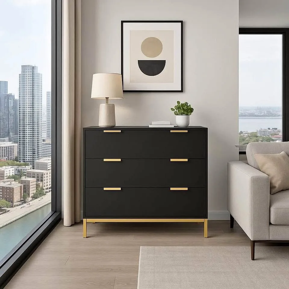 Contemporary Black & Gold 3-Drawer Chest – Brand New in Box thumbnail