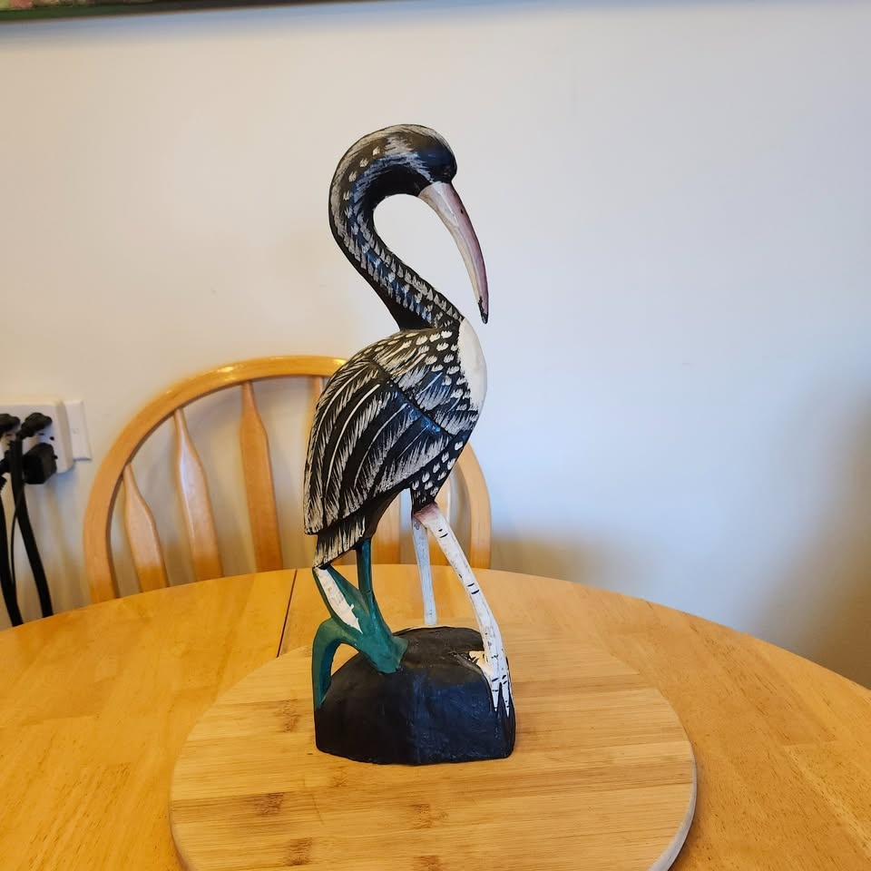 Hand Carved, Wood, Heron on Stand